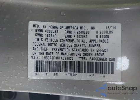 2015 Honda Accord Lx z USA, uszkodzony, nr VIN 1HGCR2F36FA090825